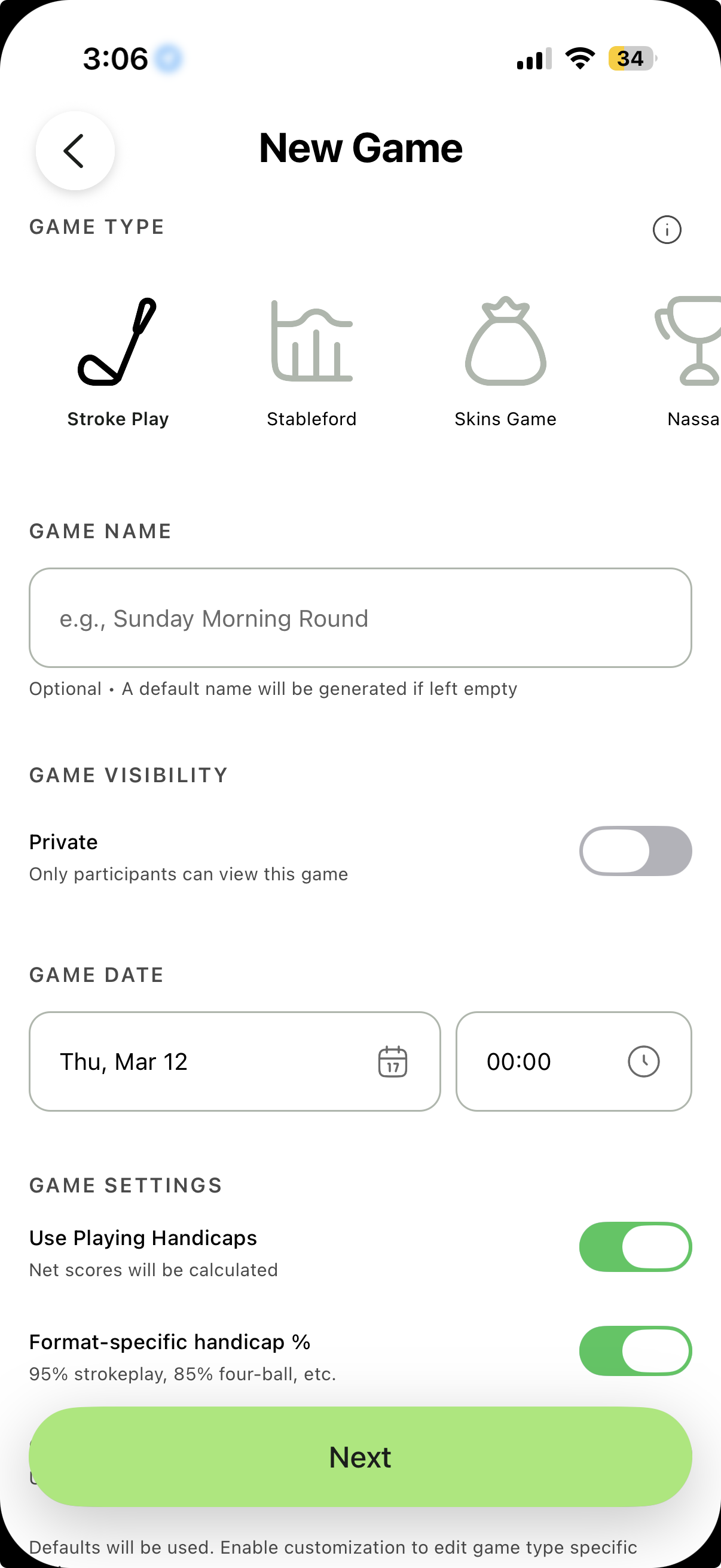 GolfGappies create game screen